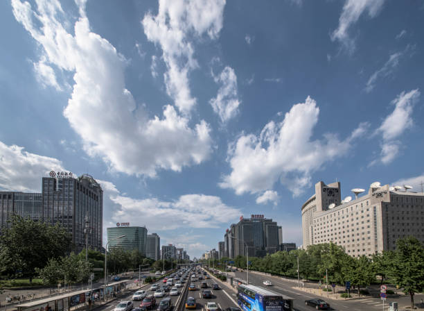 Beijing, China - June 13, 2015: Traffic jam in second ring road which is the main urban expressway, the near right side building is China's Ministry of Foreign Affairs