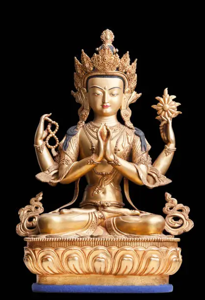 The gilded four-armed form of Avalokiteshvara made of metal. Executed in the Tibetan tradition.