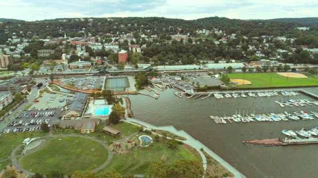 The aerial drone panoramic video of the Tarrytown's marina and the construction of the Tappan Zee Bridge over the Hudson River