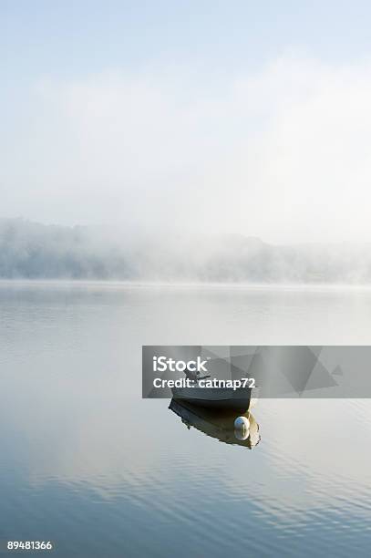 Fishing Boat Alone In Foggy Lake Morning Haze Stock Photo - Download Image Now - Commercial Dock, Fishing, Lake