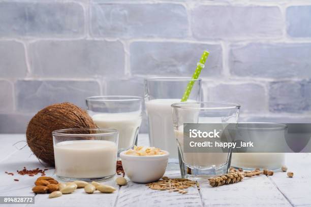 Assortment Of Non Dairy Vegan Milk And Ingredients Stock Photo - Download Image Now - Milk, Choice, Dairy Product