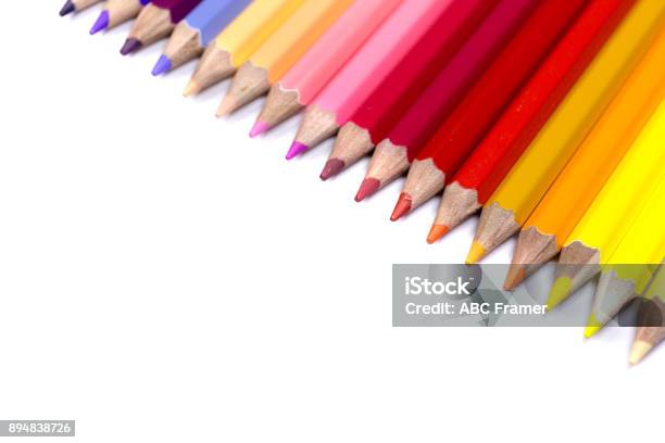 Colorful Pencils Close Up Facing Down From Top Right Corner Stock Photo - Download Image Now