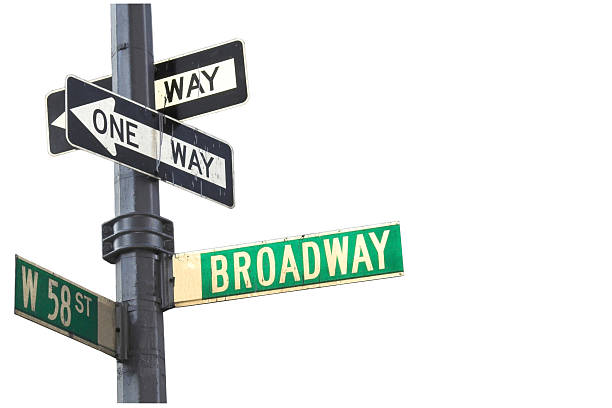 Pole with street signs to Broadway Broadway sign in Manhattan New York isolated against white broadway manhattan stock pictures, royalty-free photos & images