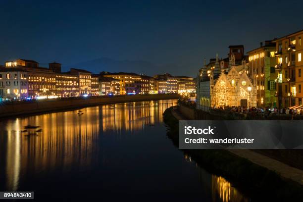 Buildings Lining The Arno River Are Illuminated At Night During The Luminaria Festival An Annual Event On June 16th Honoring A Patron Saint San Ranieri Pisa Italy Europe Stock Photo - Download Image Now