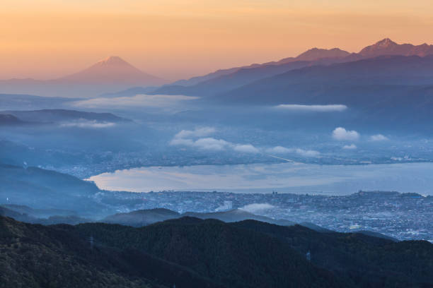 Mount Fuji Mountain Fuji and Lake Suwa in early morning suwa lake photos stock pictures, royalty-free photos & images