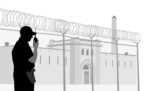 Prison Watch Guard Prison guard talking on a communication device outside the prison fence radio silhouettes stock illustrations