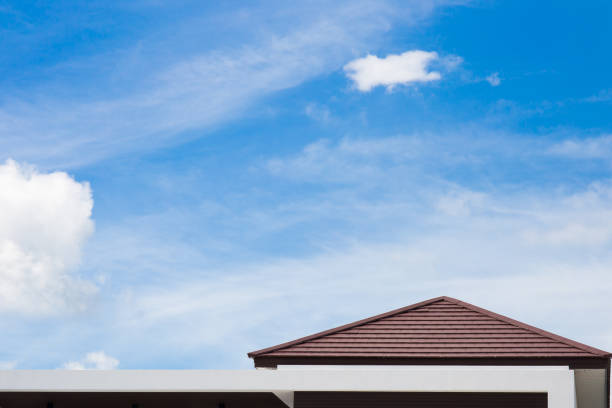 Roof of modern house with blue sky background. Copy space background