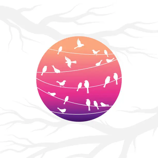 Vector illustration of Birds on the lines with branches. Vector decorative silhouettes