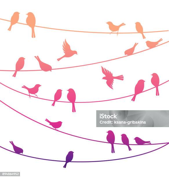Birds On The Lines Vector Decorative Silhouettes Stock Illustration - Download Image Now - Bird, Telephone Line, Flying