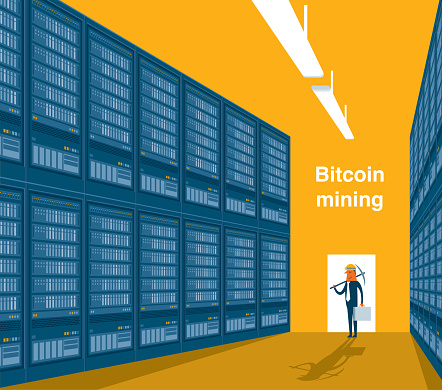 Bitcoin mining concept. Earning cryptocurrency in computer