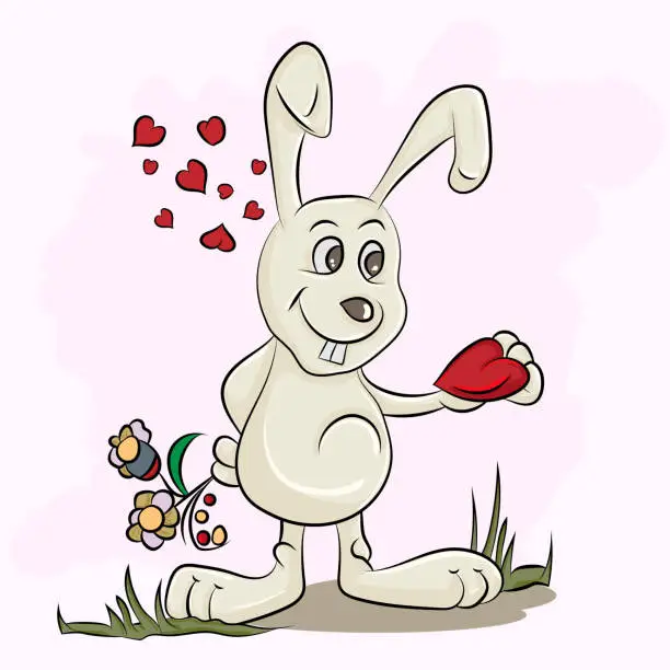 Vector illustration of rabbit with heart in hands hides the flowers behind