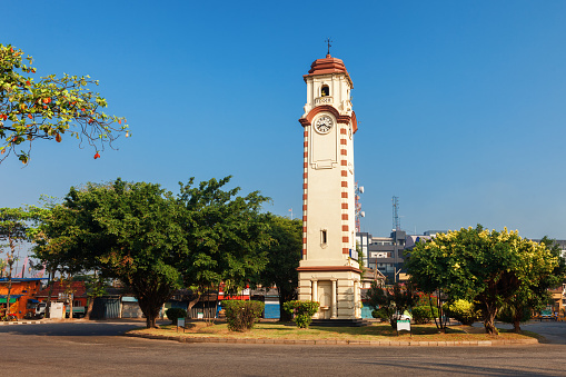 Colombo, Sri Lanka - 11 February 2017: Khan Wimaladharma Clock Tower, Colombo, Sri Lanka. Located near Dutch fort in Pettah district. Colonial Dutch architecture