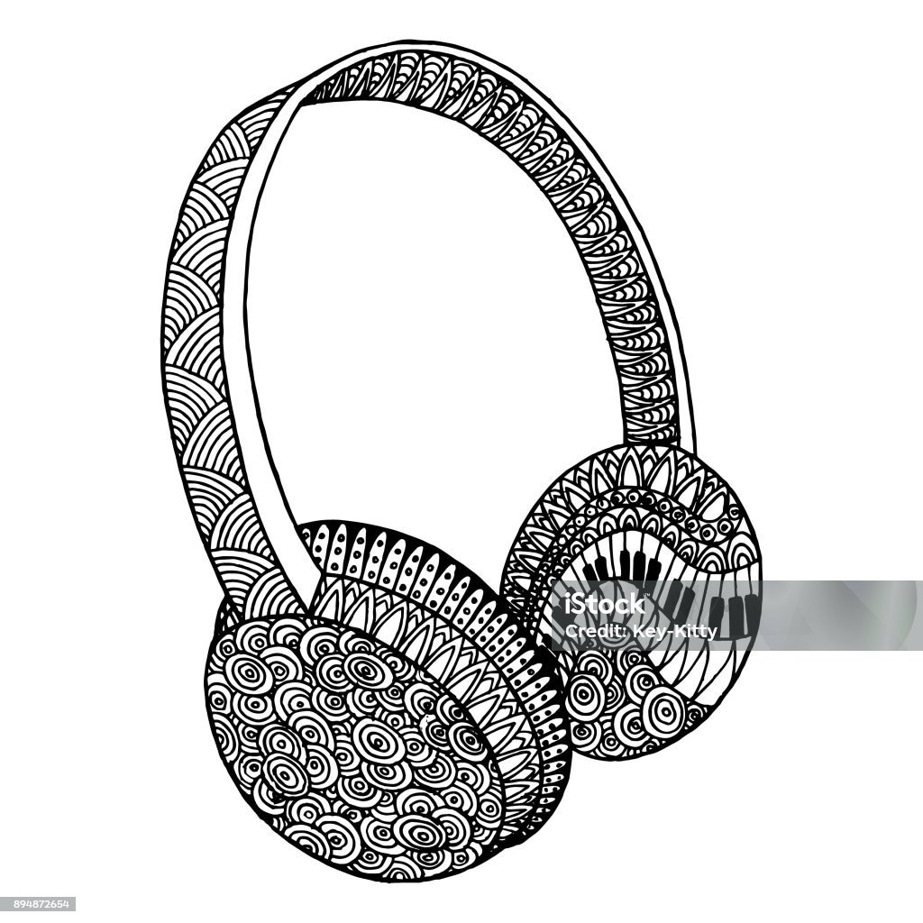 Decorative music headphones. Decorative music headphones. Vector ornamental template for greeting cards, coloring books, print on textile, t-shirts, clothing. Template for coloring pages for adults, antistress, art therapy. Adult stock vector