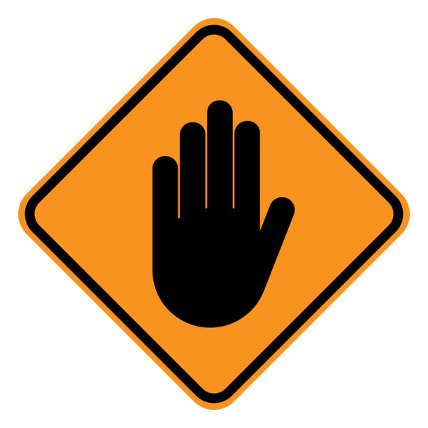 WARNING sign. STOP HAND gesture in yellow square. Vector icon WARNING sign. STOP HAND gesture in yellow square. Vector icon. warning coloration stock illustrations