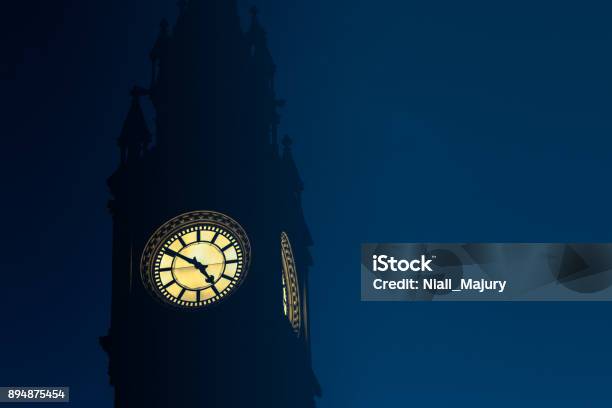 Clock Face Reading 450pm Against Dusk Sky Stock Photo - Download Image Now - 1860-1869, 1870-1879, Albert Memorial Clock