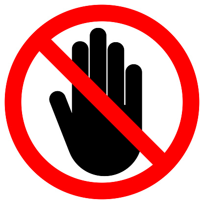 NO ENTRY sign. LEFT hand palm. STOP icon in crossed out red circle. Vector.