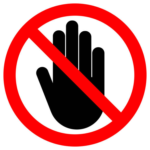 NO ENTRY sign. LEFT hand palm. STOP icon in crossed out red circle. Vector vector art illustration