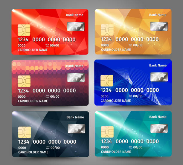 Realistic detailed credit cards set with colorful triangular design background. vector art illustration