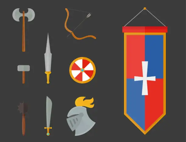 Vector illustration of Knights symbols medieval weapons heraldic knighthood elements medieval kingdom gear knightly vector illustration