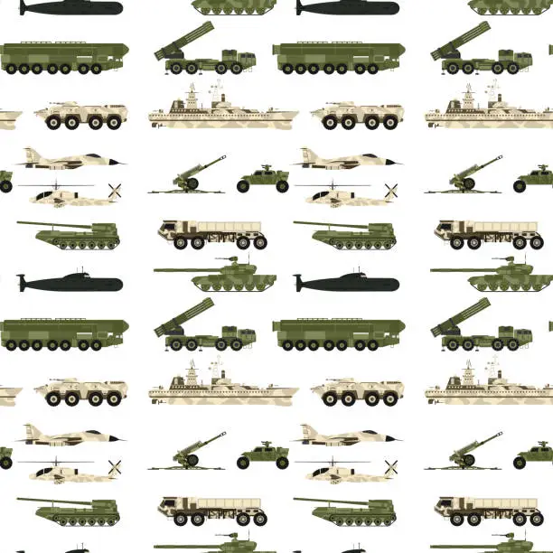 Vector illustration of Military transport technic army war tanks industry technic armor system armored personnel camouflage seamless pattern background vector illustration