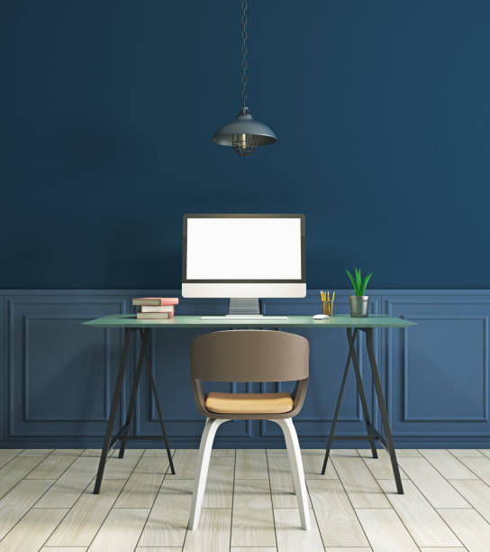 Workplace in modern blue interior stock photo