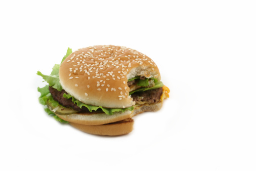 Fresh burger with beef patty isolated on white background, close up