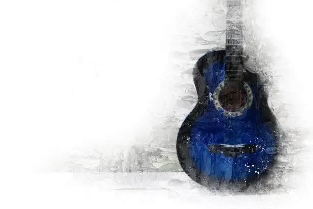 Photo of Abstract Guitar in the foreground on Watercolor painting background and Digital illustration brush to art.