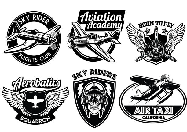 illustrations, cliparts, dessins animés et icônes de ensemble d’insigne aviation - logo avion