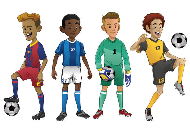 ilustrações de stock, clip art, desenhos animados e ícones de set of young soccer players - hat trick