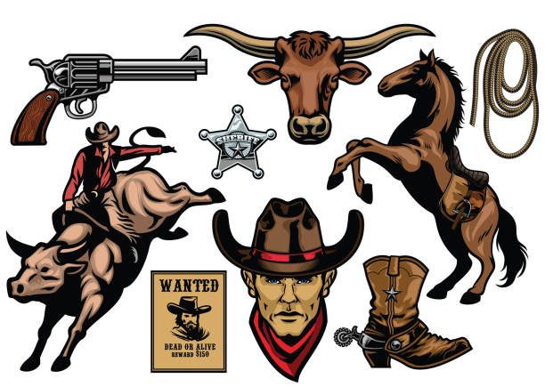 zestaw obiektów kowbojskich - cowboy rodeo wild west bull stock illustrations
