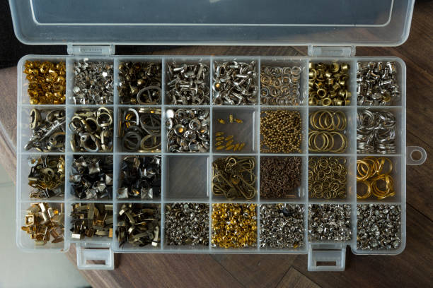 istock Pins, buttons, and accessories for leather work in box 894951898
