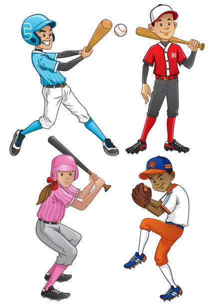 satz von jungen baseballspieler - baseball hitting baseball player child stock-grafiken, -clipart, -cartoons und -symbole