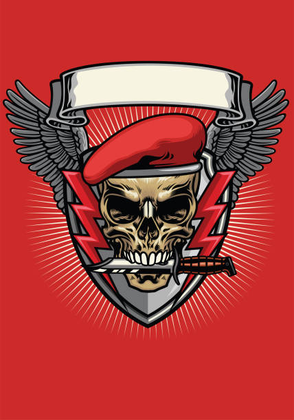 red military beret skull with knife design vector of red military beret skull with knife design combat infantry badge stock illustrations