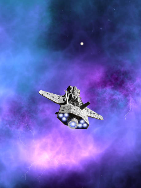 Nave espacial interplanetária voando em direção uma nebulosa - foto de acervo