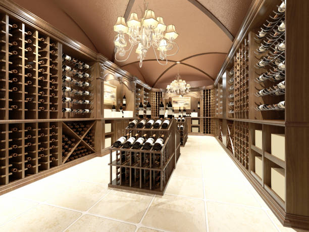 vinothek mit holzdesign - wine cellar wine bottle grape stock-fotos und bilder