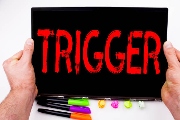 istock Trigger text written on tablet, computer in the office with marker, pen, stationery. Business concept for Stir Spark Loose or Unleash Idea white background with copy space 894965702