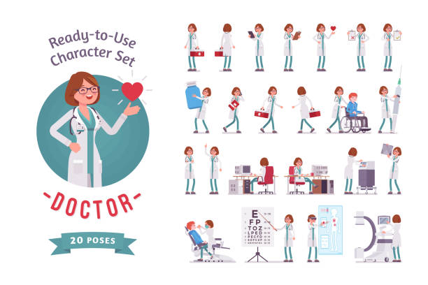 ilustrações de stock, clip art, desenhos animados e ícones de female doctor ready-to-use character set - dentist dentist office dentists chair cartoon