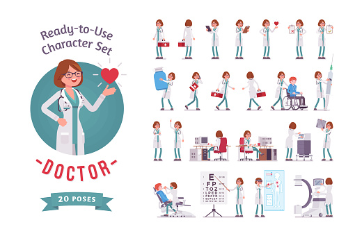 Doctor ready-to-use character set. Female practitioner on duty in clinic, working in hospital, full length, different views, gestures, emotions, front and rear view. Medicine and healthcare concept