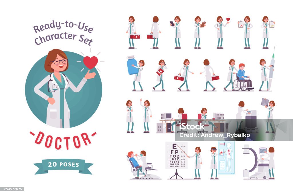 Female Doctor ready-to-use character set Doctor ready-to-use character set. Female practitioner on duty in clinic, working in hospital, full length, different views, gestures, emotions, front and rear view. Medicine and healthcare concept Doctor stock vector