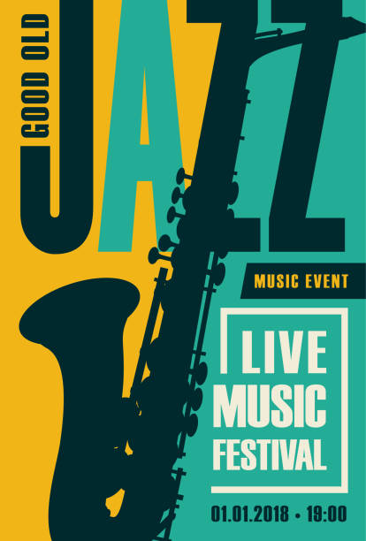 plakat retro na festiwal jazzowy z saksofonem - brass instrument illustrations stock illustrations