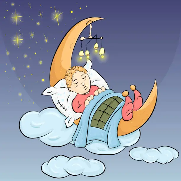 Vector illustration of little baby sleeping on the moon among the stars