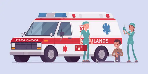 Vector illustration of Doctors near the ambulance car