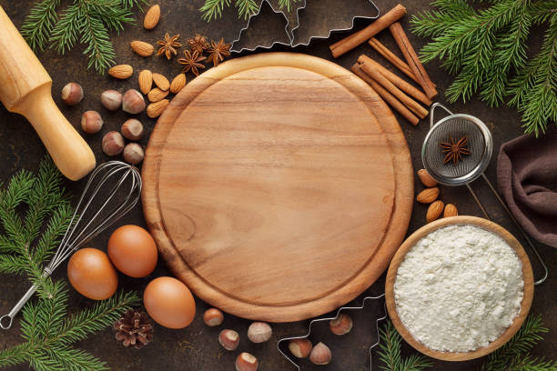 Christmas baking background with ingredients for holiday pastry. stock photo