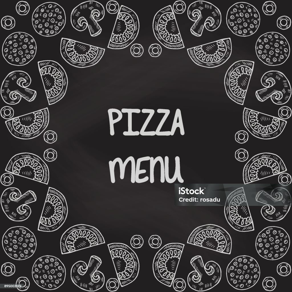 Pizza menu, frame 2 Frame from slicing ingredients for pizza: mushrooms, champignons, tomatoes, olives, sausages. "Pizza menu" template, mock-up for menu of restaurants, cafes in sketch, doodle style. Chalkboard - Visual Aid stock vector