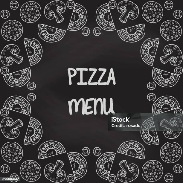 Pizza Menu Frame 2 Stock Illustration - Download Image Now - Chalkboard - Visual Aid, Mushroom, Tomato