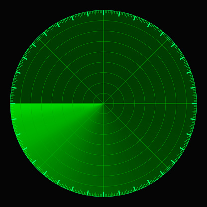 Green radar screen, circular 360 degree scale, vector template active scanning radar, sonar, concept search of moving objects