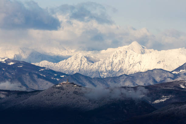 Julian Alps in winter Panoramic shot of beautiful snow capped Julian Alps, Slovenia primorska white sport nature stock pictures, royalty-free photos & images