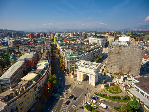 City gate of Skopje city. stock photo