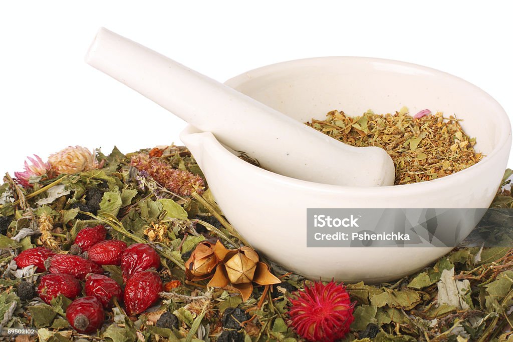 Mortar and pestle with herbs  Berry Fruit Stock Photo
