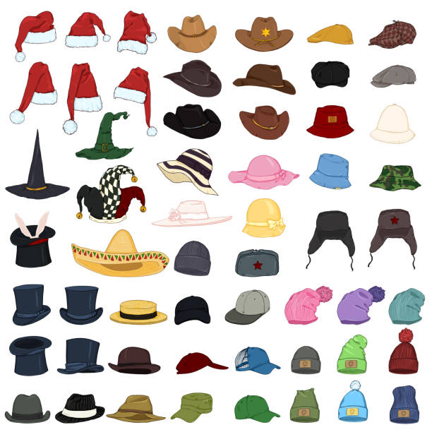 ilustraciones, imágenes clip art, dibujos animados e iconos de stock de vector conjunto grandes de dibujos animados de sombreros y gorras. 57 artículos de sombrerería. - knit hat